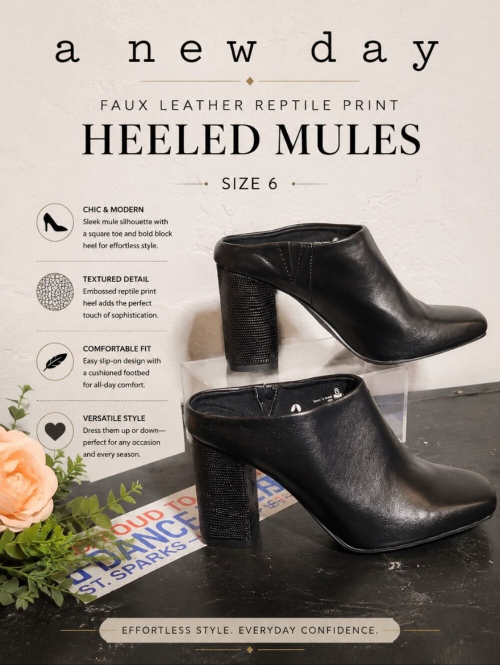 A NEW DAY Fuax Leather Reptile Print Embossed Heel Mules 6
